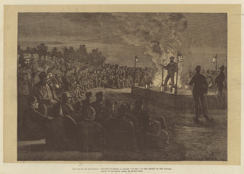 The Relief of Khartoum, konsert på Korti, en sjømann til sjøs i Soudans ørken av Melton Prior