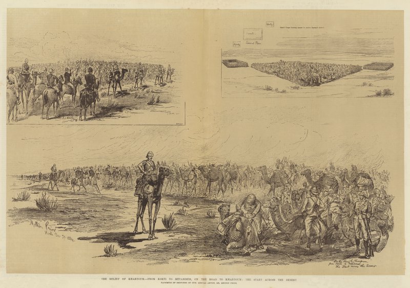 The Relief of Khartoum, fra Korti til Metammeh, på veien til Khartoum, starten over ørkenen av Melton Prior