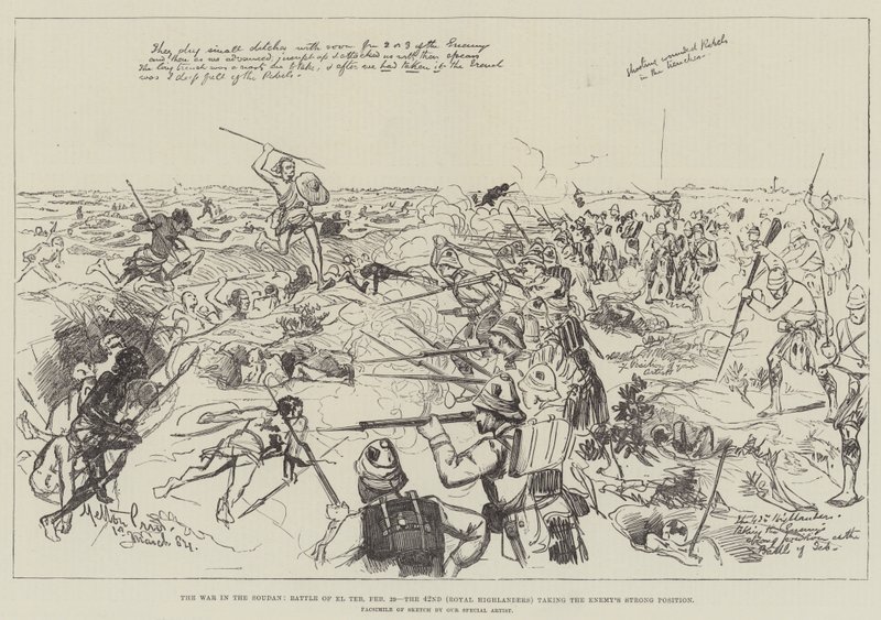 Krigen i Soudan, slaget ved El Teb, 29. februar, den 42. (Royal Highlanders) inntar fiendens sterke posisjon av Melton Prior