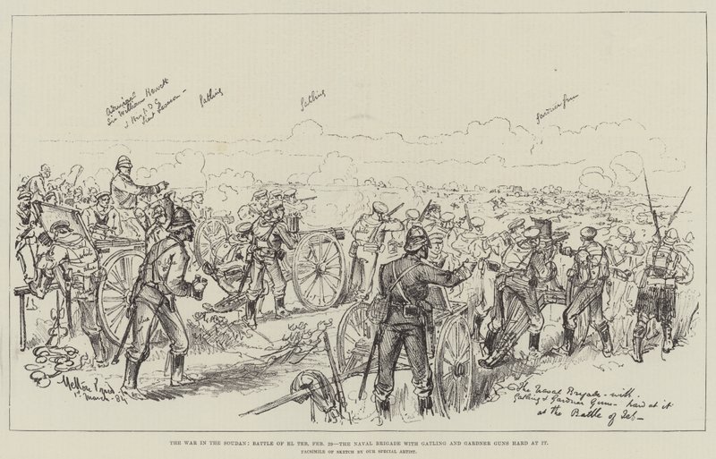The War in the Soudan, slaget ved El Teb, 29. februar, marinebrigaden med Gatling og Gardner Guns hardt i gang av Melton Prior