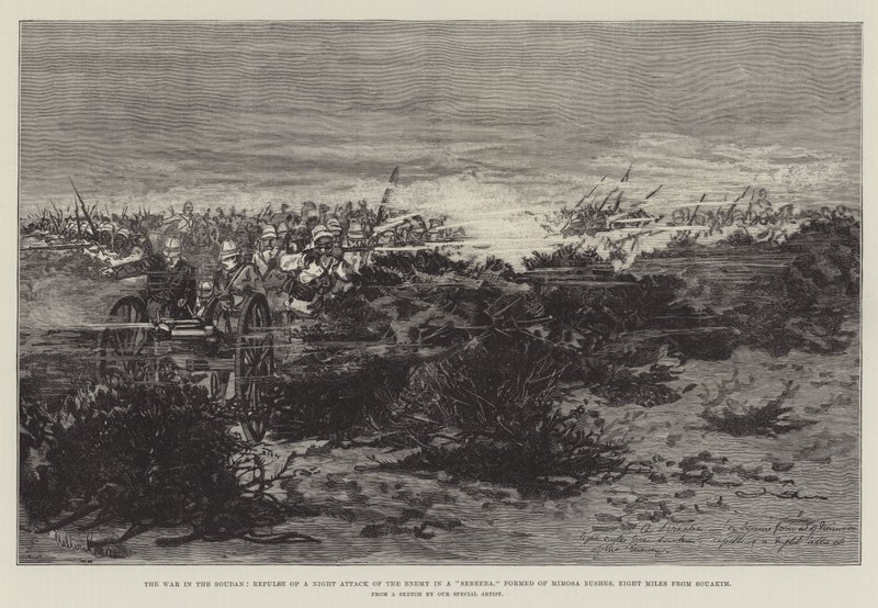 The War in the Soudan, Repulse of a Night Attack of the Enemy in a Sereeba, dannet av Mimosa Bushes, åtte mil fra Souakim av Melton Prior