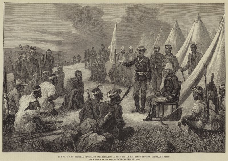 Zulu-krigen, general Newdigate som forhørte en zulu-spion ved hans hovedkvarter, Landman
