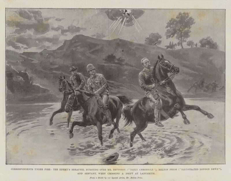 Korrespondenter under ild, fiendens granatsplinter sprengte over Mr Nevinson (Daily Chronicle), Melton Prior (Illustrated London News) og Servant, når de krysset en drift ved Ladysmith av Melton Prior