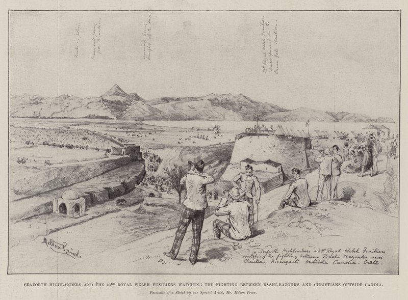 Seaforth Highlanders og de 23. Royal Welsh Fusiliers ser på kampene mellom Bashi-Bazouks og kristne utenfor Candia av Melton Prior