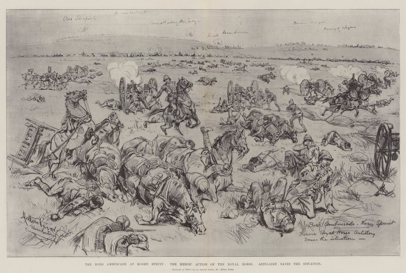 Boer-ambuskaden ved Koorn Spruit, den heroiske aksjonen til Royal Horse Artillery redder situasjonen av Melton Prior