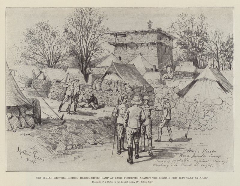 Indian Frontier Rising, hovedkvarterleiren i Bagh, beskyttet mot fiendens brann inn i leiren om natten av Melton Prior