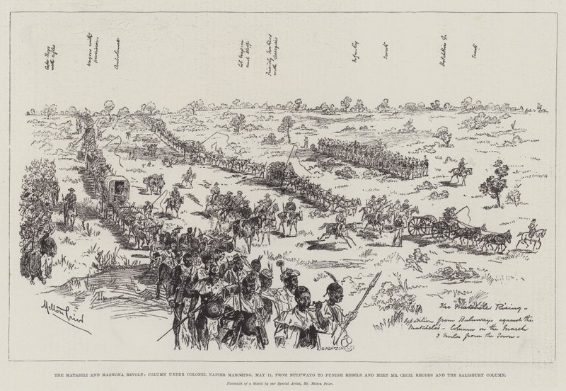 Matabele og Mashona-opprøret, kolonne under oberst Napier marsjerte, 11. mai, fra Bulawayo for å straffe opprørere og møte herr Cecil Rhodes og Salisbury-søylen av Melton Prior