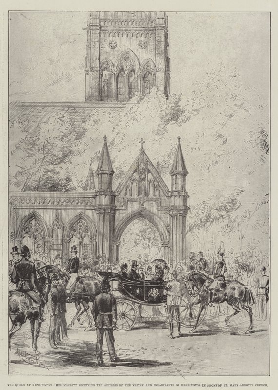 Dronningen i Kensington, Hennes Majestet mottar adressen til Vestry og innbyggere i Kensington foran St Mary Abbotts Church av Melton Prior