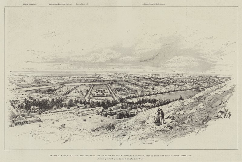 Byen Doornfontein, Johannesburg, eiendommen til Waterworks Company, sett fra High Service Reservoir av Melton Prior