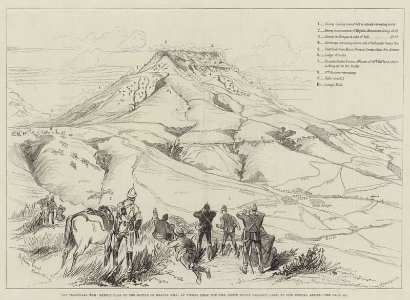 Transvaal-krigen, skisseplan for slaget ved Majuba Hill, sett fra bakken over Mount Prospect Camp av Melton Prior