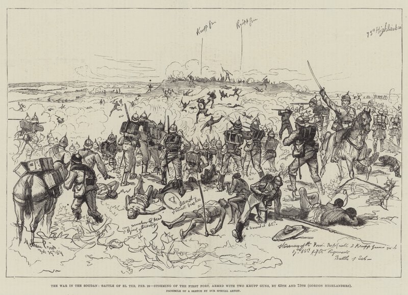 Krigen i Soudan, slaget ved El Teb, 29. februar, storming av det første fortet, bevæpnet med to Krupp-våpen, av 65. og 75. Gordon Highlanders av Melton Prior