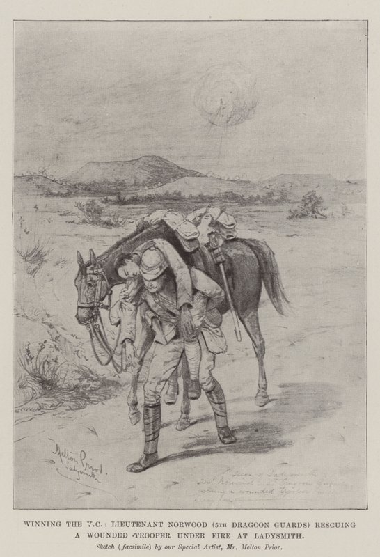 Winning the VC, Lieutenant Norwood (5th Dragoon Guards) rescuing a Wounded Trooper under Fire at Ladysmith  av Melton Prior