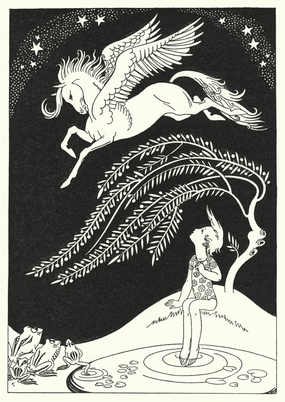 Nedover kom Pegasus, i brede sveipende sirkler (farge litho) av Merlyn Mann
