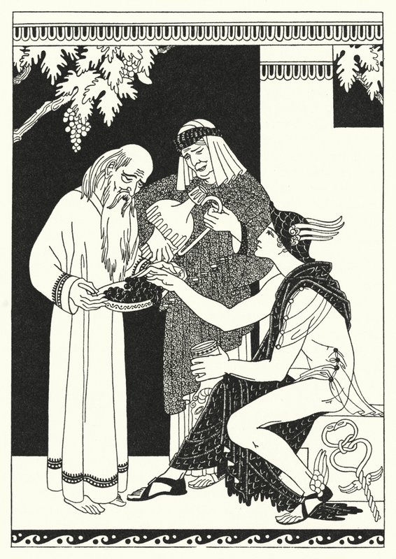 "Hvorfor, mor Baucis, det er en fest!" utbrøt Quicksilver (farge litho) av Merlyn Mann