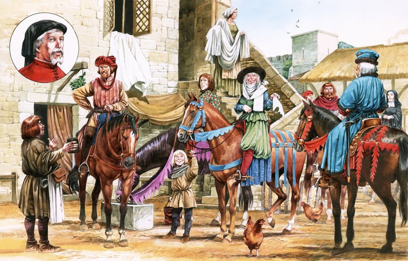 Canterbury-fortellingene. Pilegrimer som legger ut fra Tabard Inn. av Michael Godfrey
