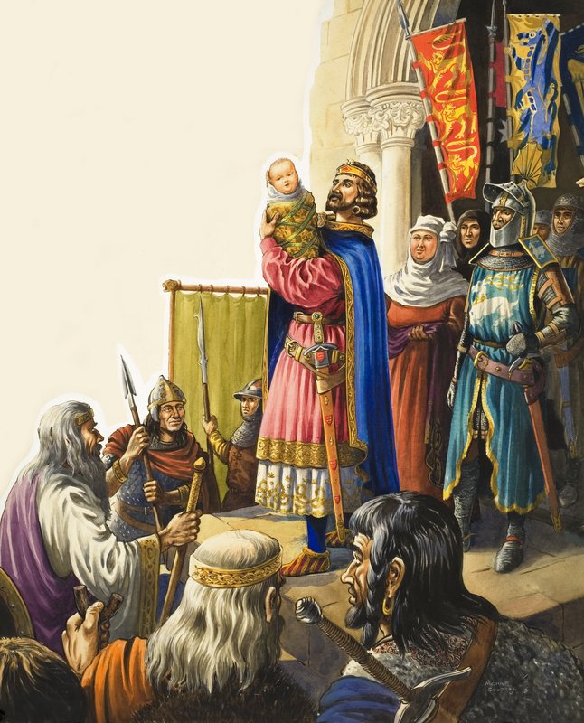 Kong Edward I (1239–1307) presenterer sin lille sønn (gouache på papir) av Michael Godfrey