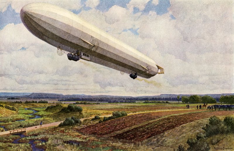 Oppstigning av et tysk militært Zeppelin-luftskip (farge litho) av Michael Zeno Diemer