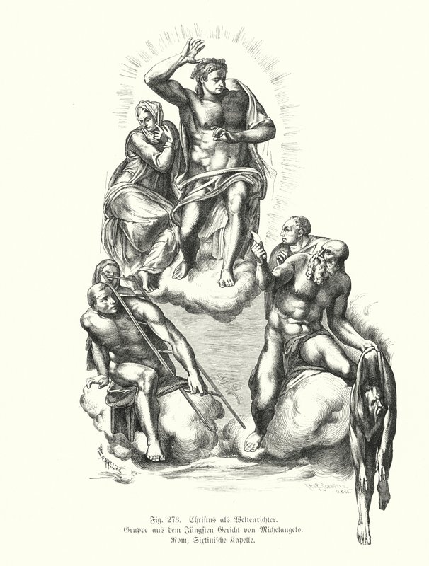 Christ the Judge, detalj fra Michelangelos siste dom, maleri på alterveggen til Det sixtinske kapell, Peterskirken, Roma, Italia (gravering) av Michelangelo (after) Buonarroti