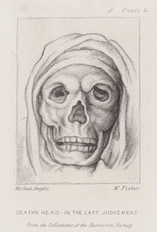 Dødens hode, i den siste dommen (radering) av Michelangelo (after) Buonarroti