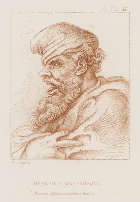 Hodet til en mann som synger (etsing) av Michelangelo (after) Buonarroti
