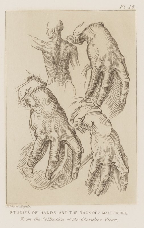 Studier av hender og baksiden av en mannsfigur (etsing) av Michelangelo (after) Buonarroti