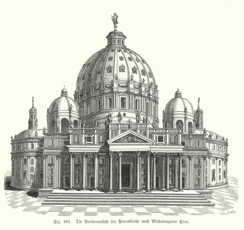 Utsikt over Michelangelos design for fasaden til Peterskirken, Roma, Italia (gravering) av Michelangelo (after) Buonarroti