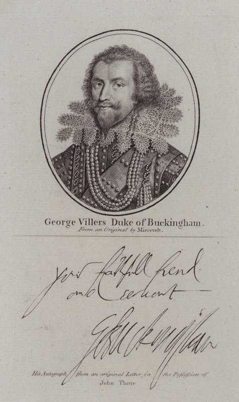 George Villiers hertug av Buckingham , engelsk hoffmann, politiker og favoritt til kong James I (gravering) av Michiel Janszoon van (after) Miereveldt