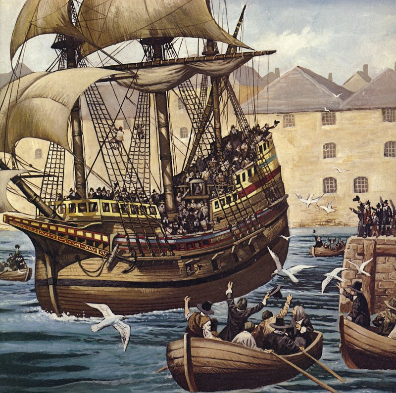 Westward Ho! Mayflower forlater Plymouth Ho 16. september 1620 (fargelitografi) av Mike (20th century) White