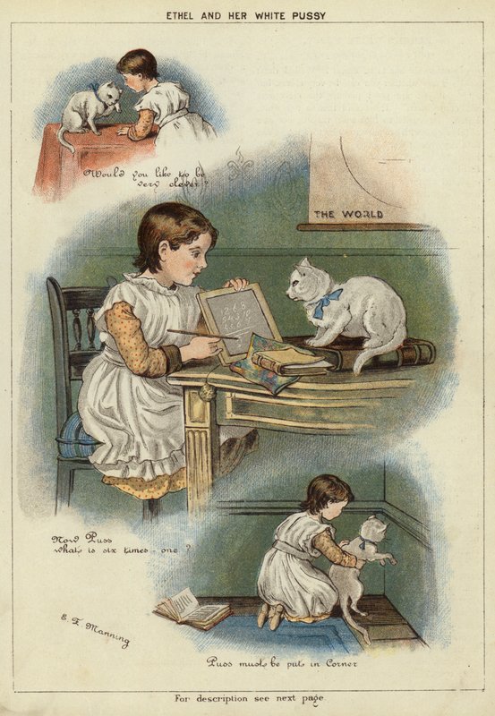 Ethel og hennes hvite katt (chromolitho) av Miss Eliza F. Manning
