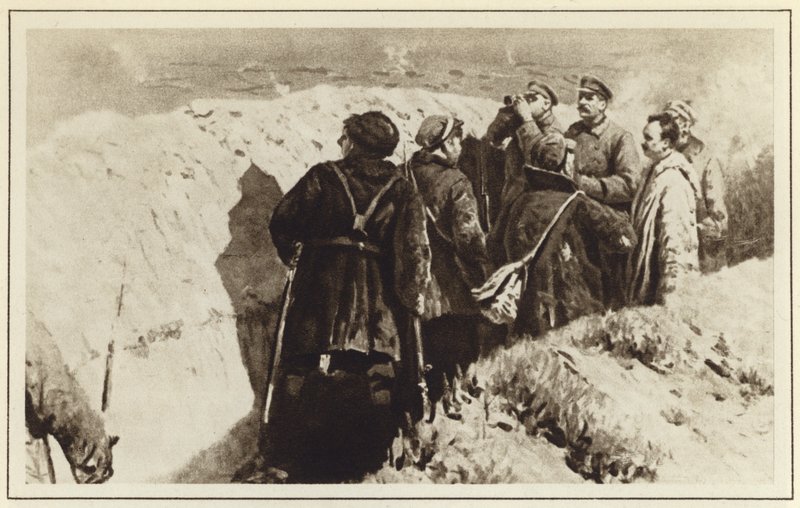 Bolsjevikkommandører Joseph Stalin og Kliment Voroshilov i skyttergravene til Tsaritsyn, russisk borgerkrig, 1918 av Mitrofan Borisovic Grekov