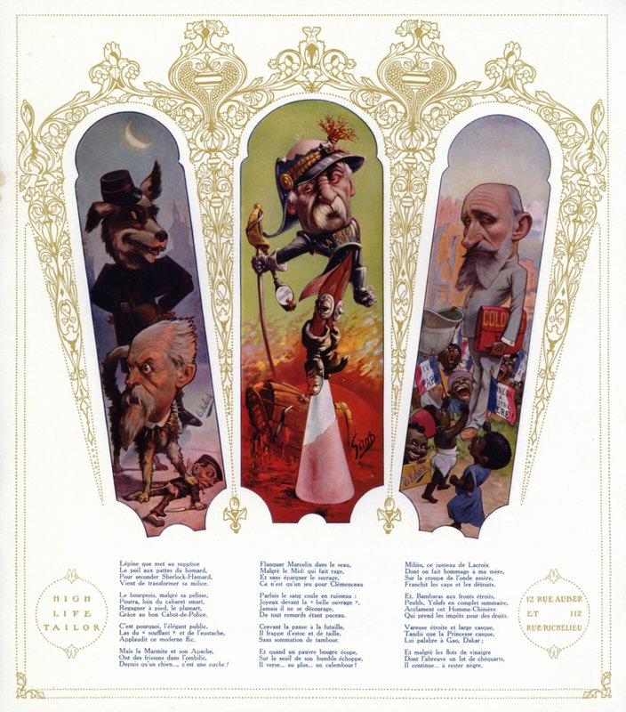 Karikaturer; Louis Lepine, prefekt i Paris; Georges Clemenceau, fransk politiker og statsminister; Raphael Millies-Lacroix , fransk politiker og minister for koloniene (farge litho) av Moloch