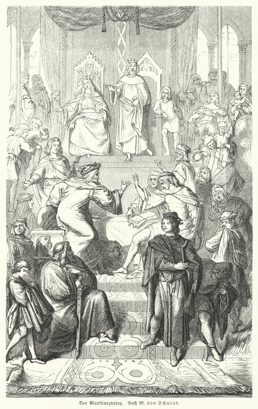 Sangerkrieg, en konkurranse mellom minstreler på Wartburg-slottet i Thuringia i 1207 (gravering) av Moritz Ludwig von (after) Schwind