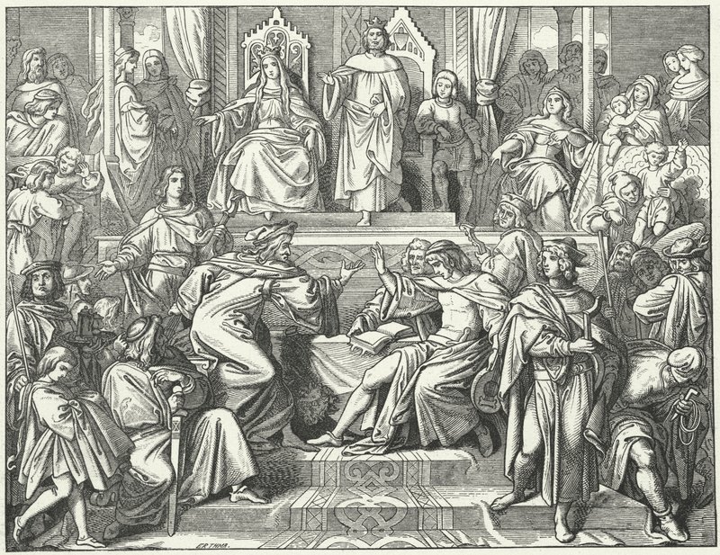 Sangerkrieg, en konkurranse mellom minstreler på Wartburg-slottet i Thuringia i 1207 (gravering) av Moritz Ludwig von Schwind