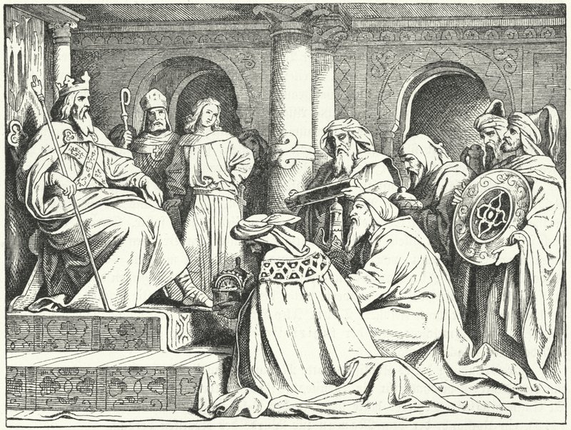 Utsendingene til kalifen Harun al-Rashid bringer gaver til keiseren Charlemagne, 802 (gravering) av Moritz Ludwig von Schwind