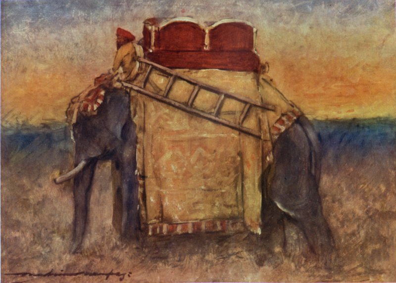 En elefant fra Sentral-India (farge litho) av Mortimer Ludington Menpes