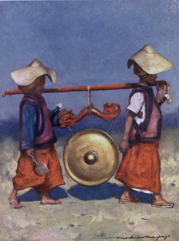 Shan-holdere som bærer Messing Gong (farge litho) av Mortimer Ludington Menpes