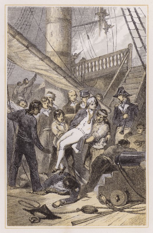 Nelsons død ved Trafalgar (farget gravering) av Myles Birket (after) Foster