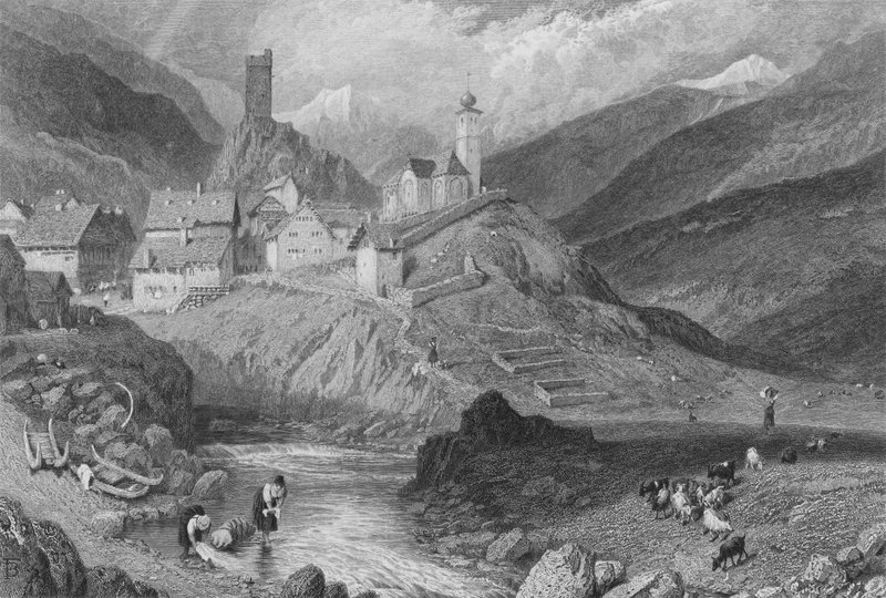 Hospenthal (gravering) av Myles Birket (after) Foster