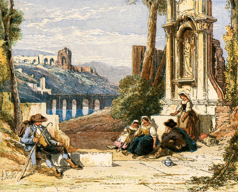 Illustrasjon for "The Traveller" av Myles Birket Foster