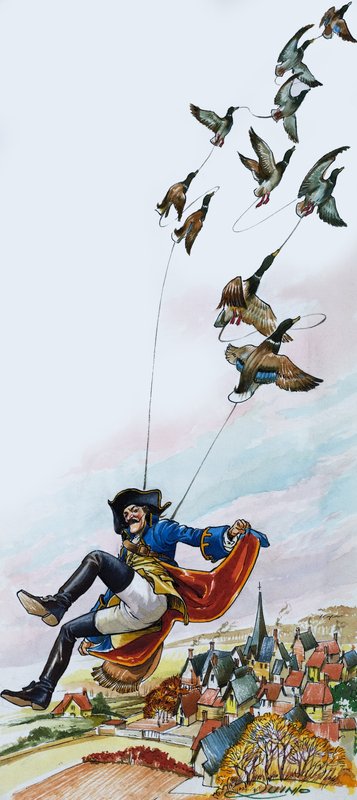 Baron Münchausen blir båret bort av ender (gouache på papir) av Nadir Quinto