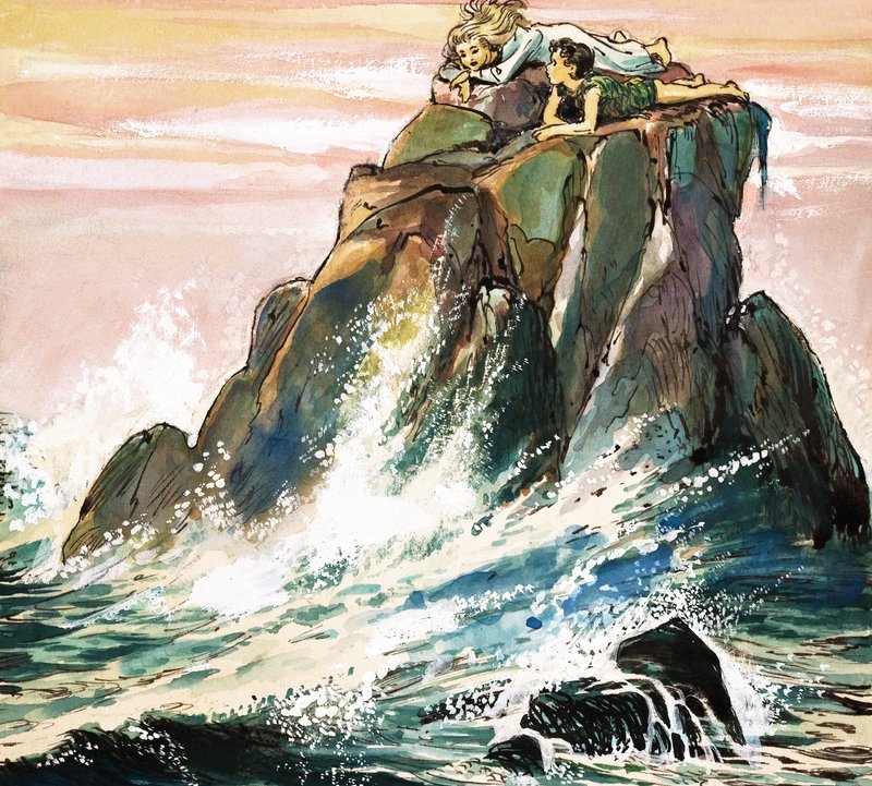 Peter Pan og Wendy Darling på en stein, illustrasjon fra «Peter Pan» av JM Barrie (gouache på papir) av Nadir Quinto