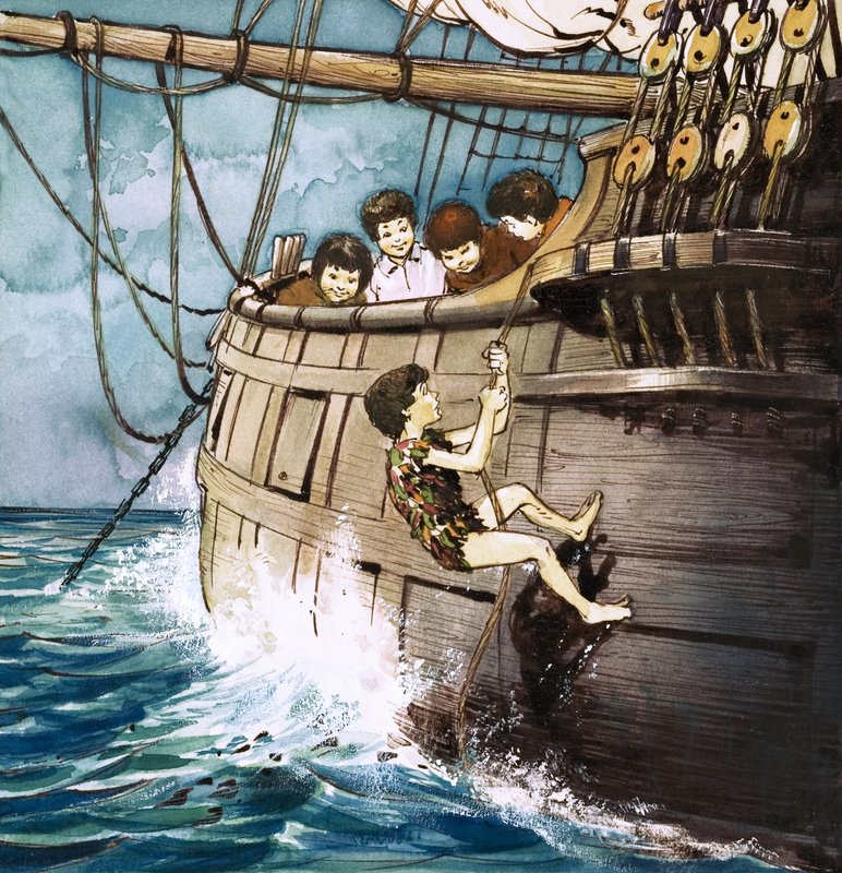 Peter Pan klatrer om bord, illustrasjon fra «Peter Pan» av JM Barrie (gouache på papir) av Nadir Quinto