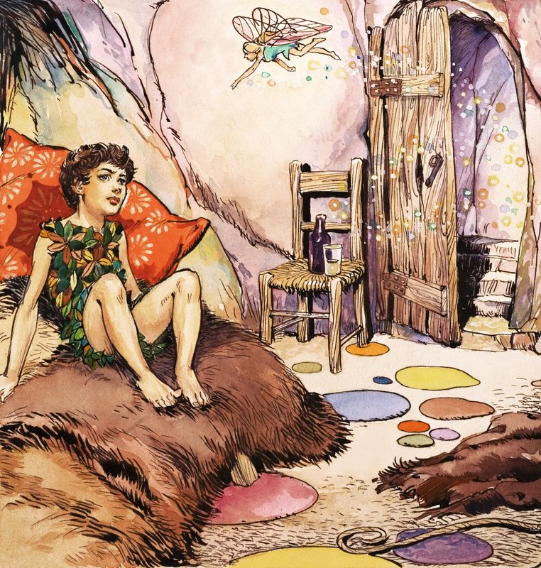 Peter Pan snakker med Tingeling, illustrasjon fra «Peter Pan» av JM Barrie (gouache på papir) av Nadir Quinto