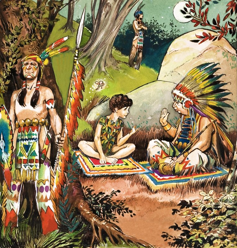 Peter Pan snakker med høvdingen, illustrasjon fra «Peter Pan» av JM Barrie (gouache på papir) av Nadir Quinto