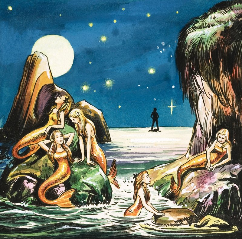 Peter og havfruene, illustrasjon fra «Peter Pan» av JM Barrie (gouache på papir) av Nadir Quinto