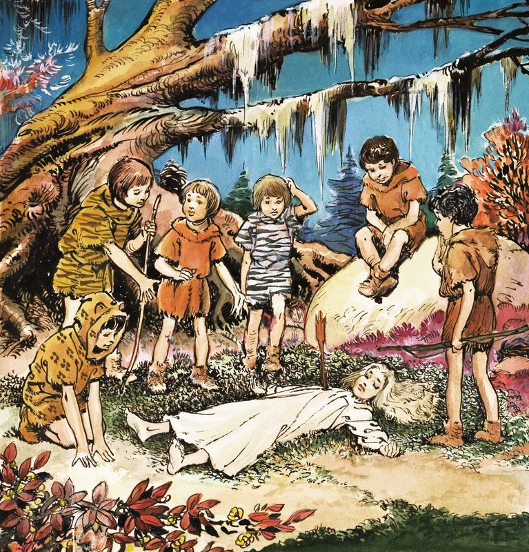 De forsvunne guttenes bekymring for den skadde Wendy, illustrasjon fra «Peter Pan» av JM Barrie (gouache på papir) av Nadir Quinto
