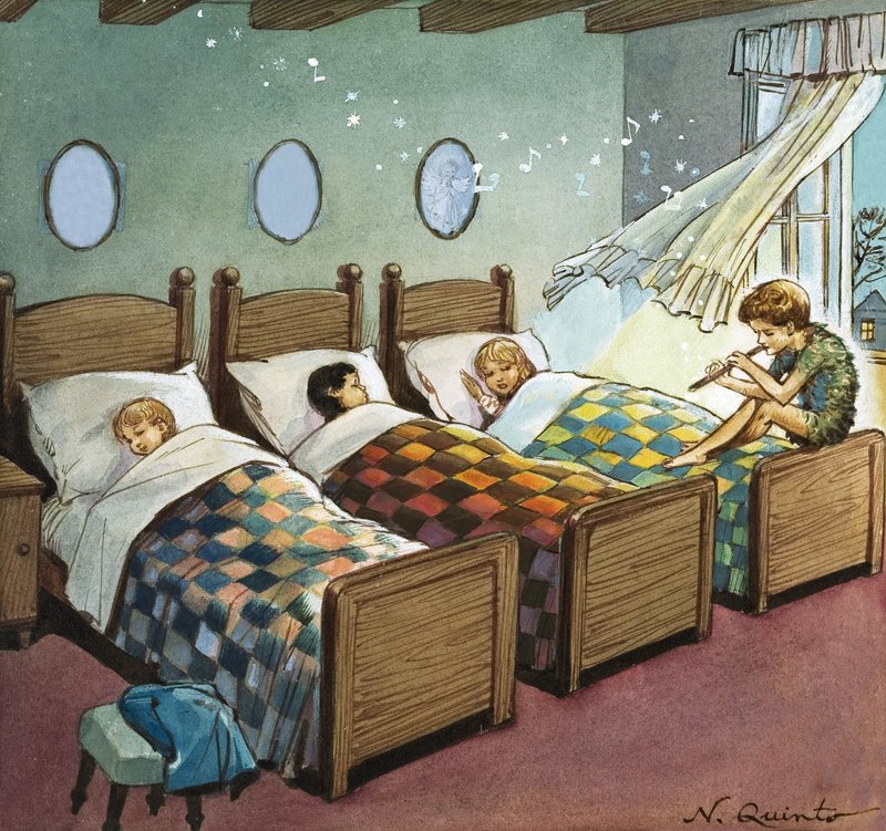 Wendy, Michael og John sover, illustrasjon fra «Peter Pan» av JM Barrie (gouache på papir) av Nadir Quinto