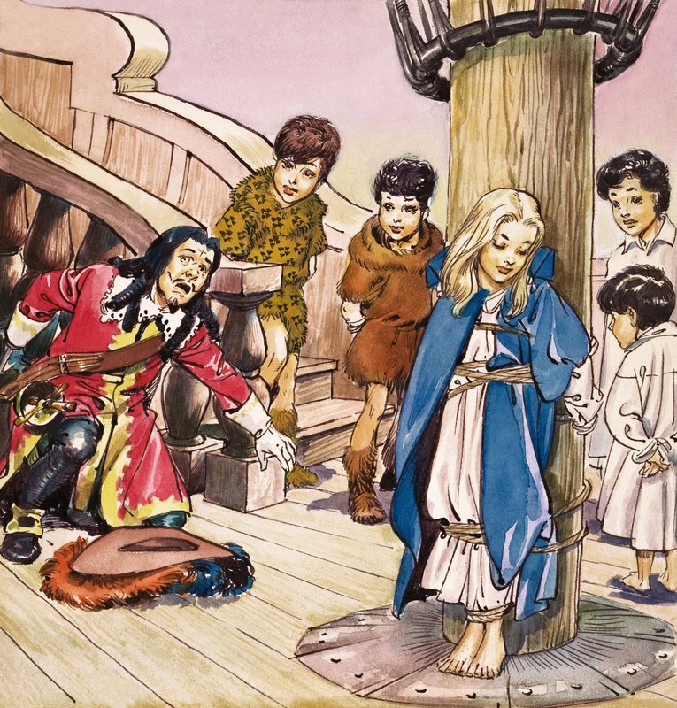 Wendy bundet til masten, illustrasjon fra «Peter Pan» av JM Barrie (gouache på papir) av Nadir Quinto