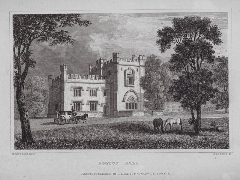 Bolton Hall (gravering) av Nathaniel (after) Whittock