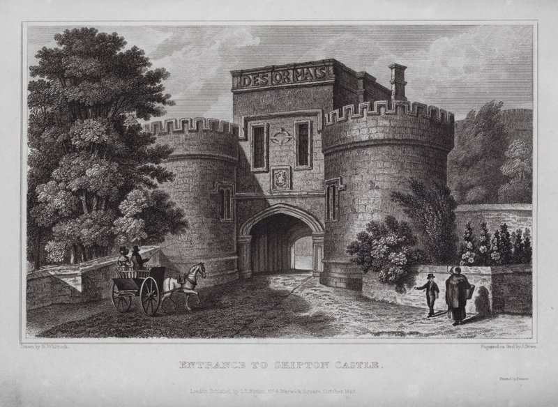 Inngang til Skipton Castle (gravering) av Nathaniel (after) Whittock